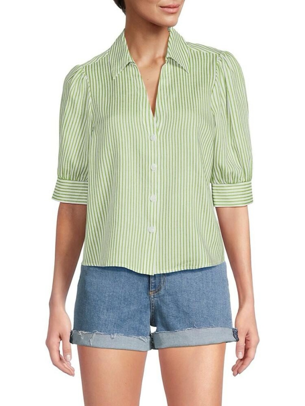Saks Fifth Avenue Linen Striped Short Sleeve Blouse
